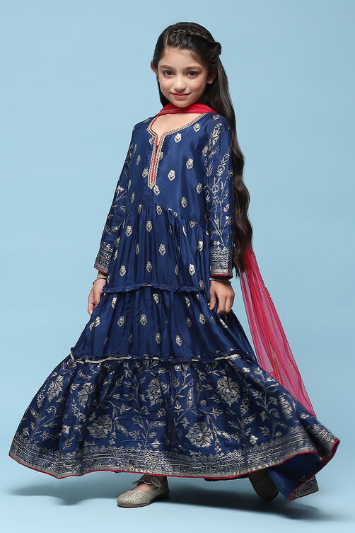 Navy Blue Viscose Tiered Kurta Printed Suit Set image number 0