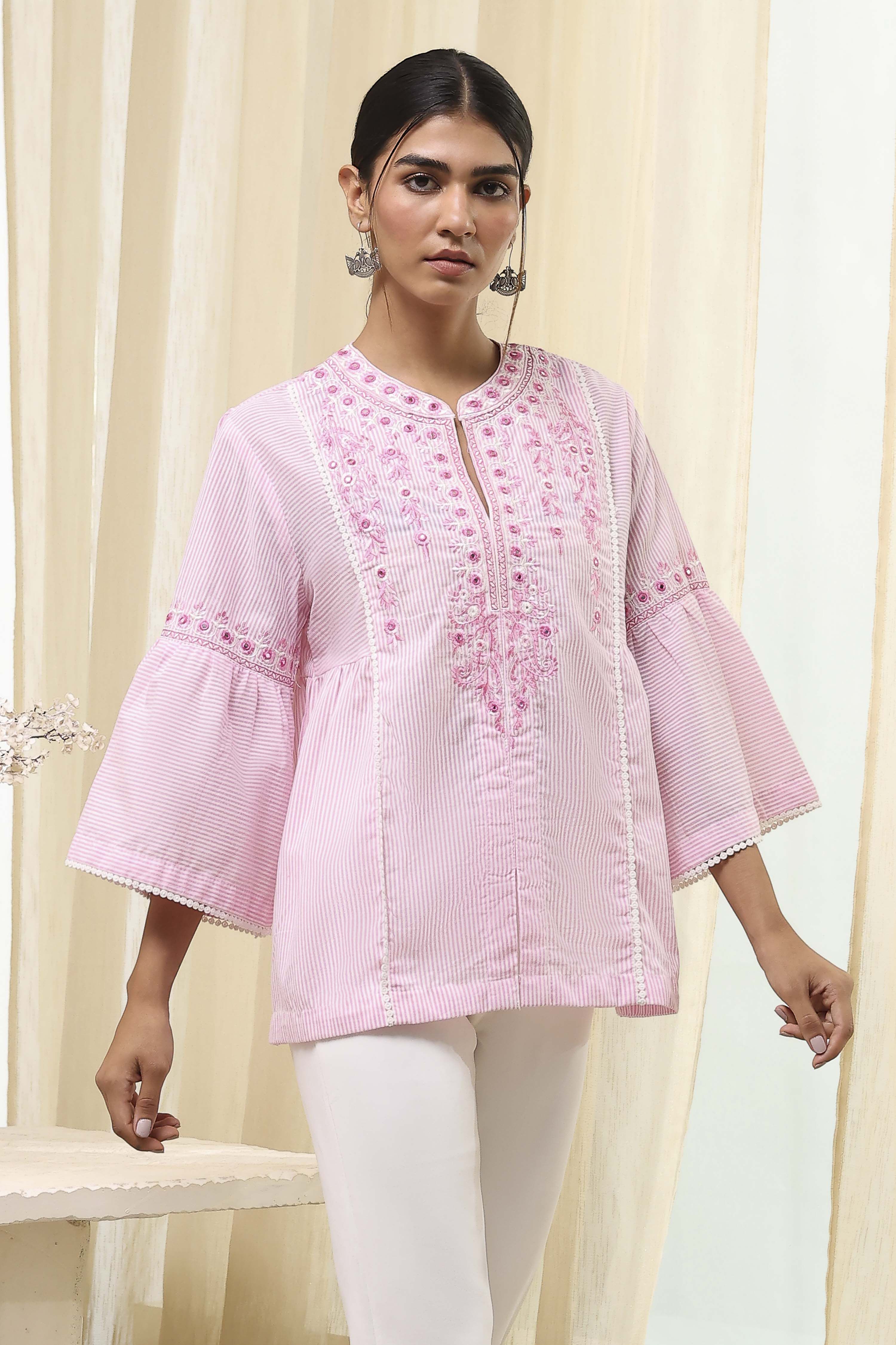 Blue Cotton Striped Straight Short Kurta image number 0