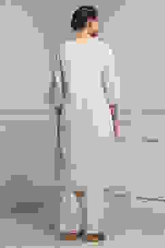 Beige Cotton Linen Yarn-Dyed Embroidered Straight Suit Set image number 4