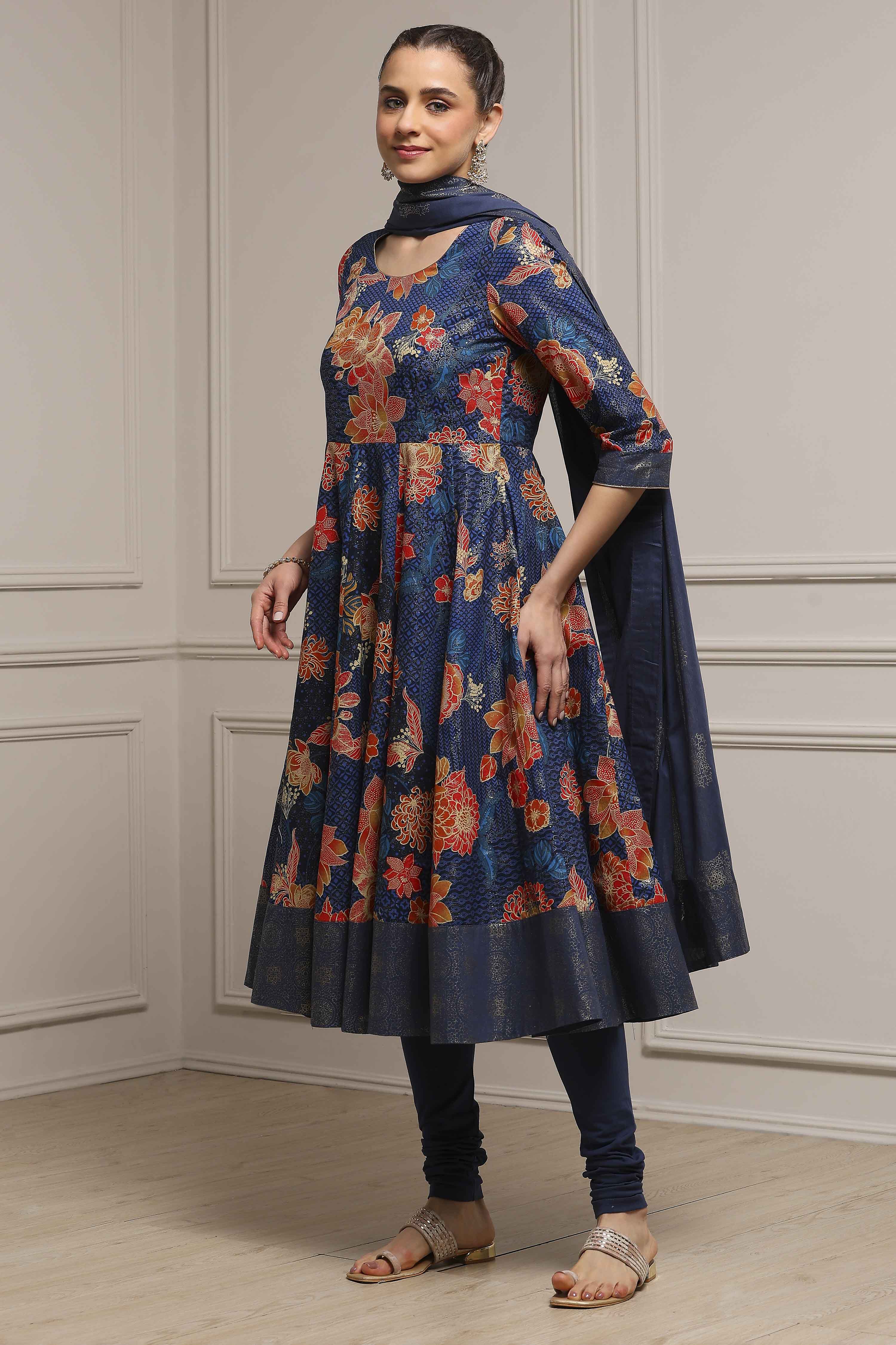 Navy Cotton Anarkali Printed Suit Set image number 3