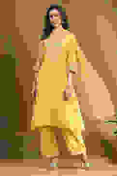 Yellow Embroidered Festive Kalidar Suit Set image number 0