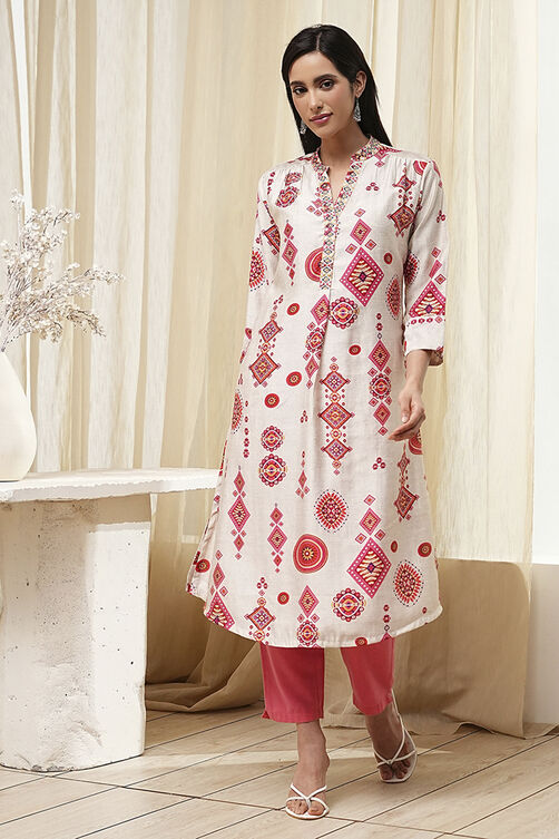Ecru and Pink Printed Straight Kurta image number 6