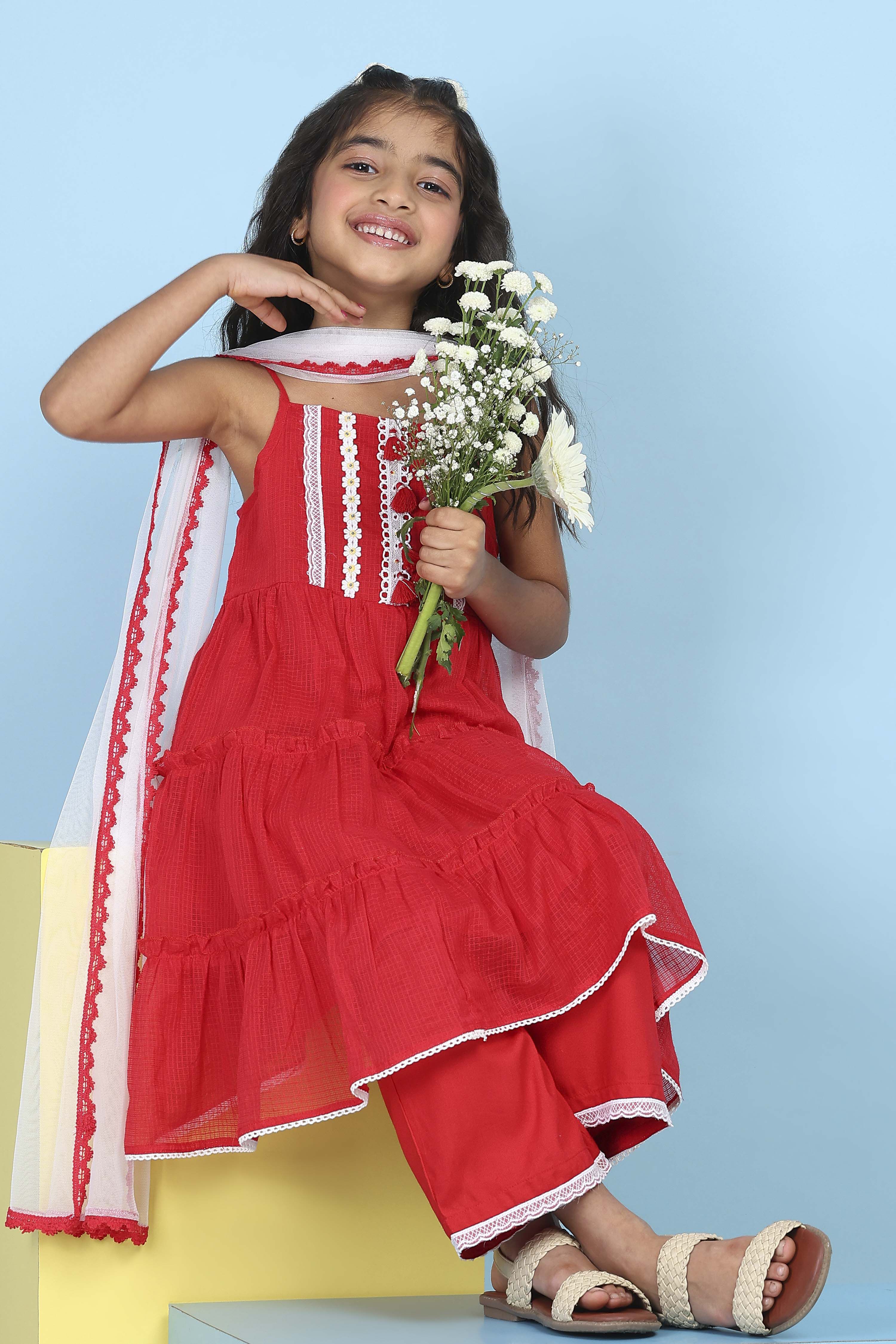 Red Cotton Solid Tiered Suit Set image number 0