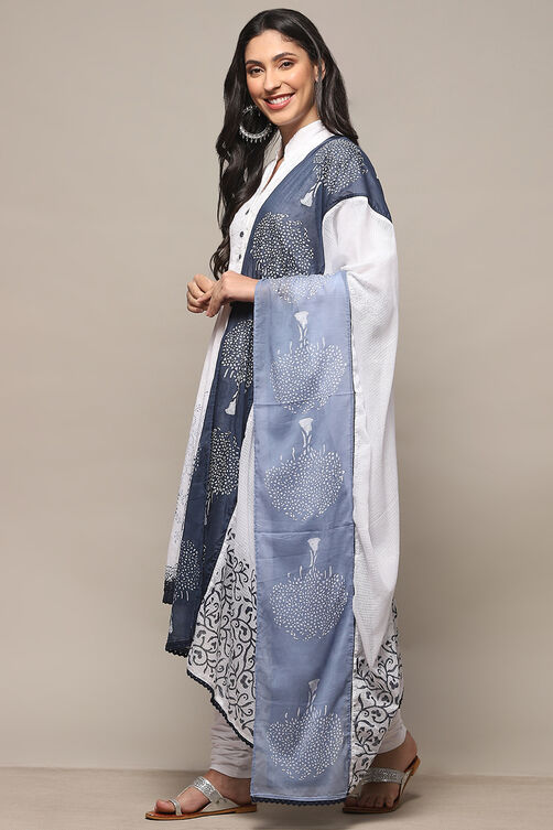 White Cotton Asymmetric Anarkali & Churidar Suit Set image number 4