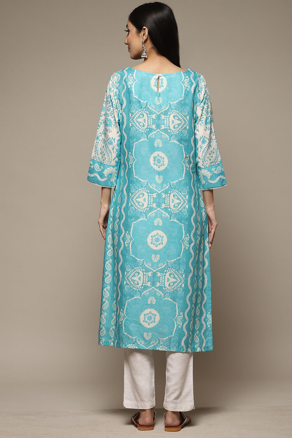 Blue Cotton Straight Printed Kurta image number 2