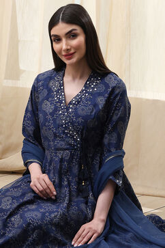 Navy Blue Printed Angrakha Style Anarkali Suit Set image number 0