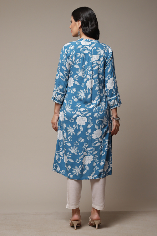 Sky Blue LIVA Straight Printed Kurta image number 2