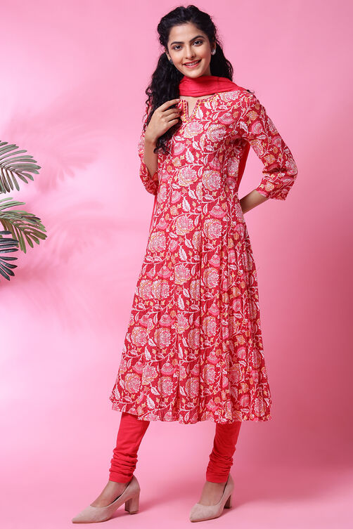 Blue Cotton Crushed Kalidar Kurta Churidar Suit Set image number 4