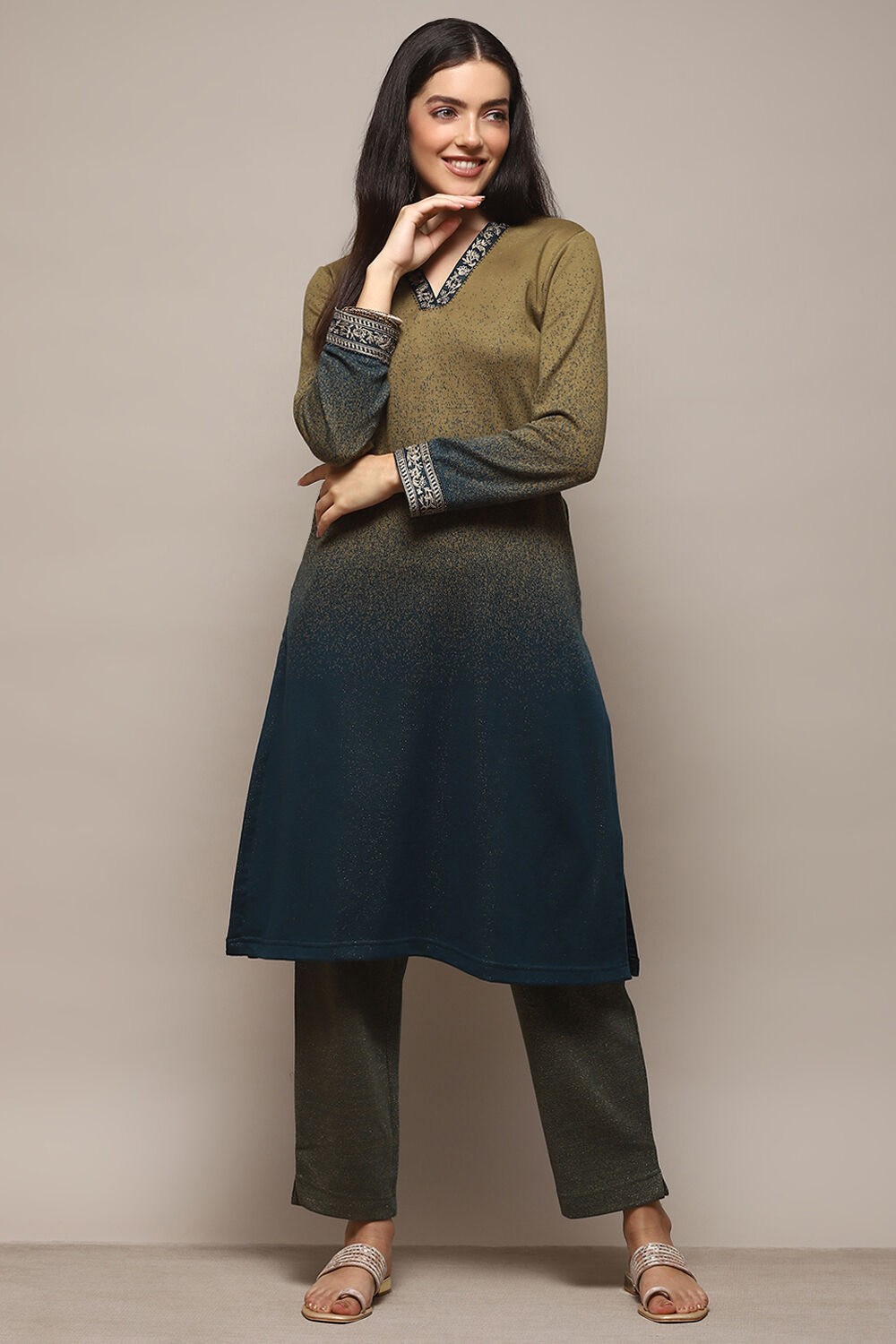 Teal Green Polyester Straight Yarndyed 2 Piece Set image number 6