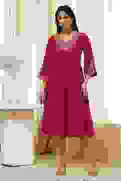 Red Cotton Solid A-Line Kurta image number 5