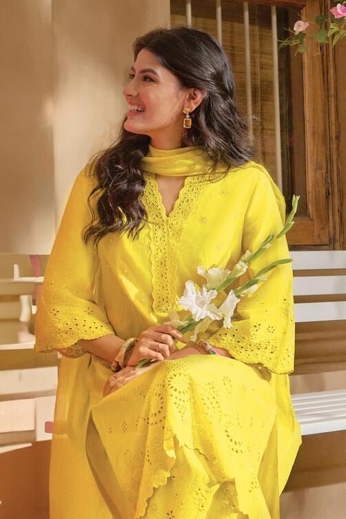 Lime Yellow Cotton Straight Suit Set image number 0