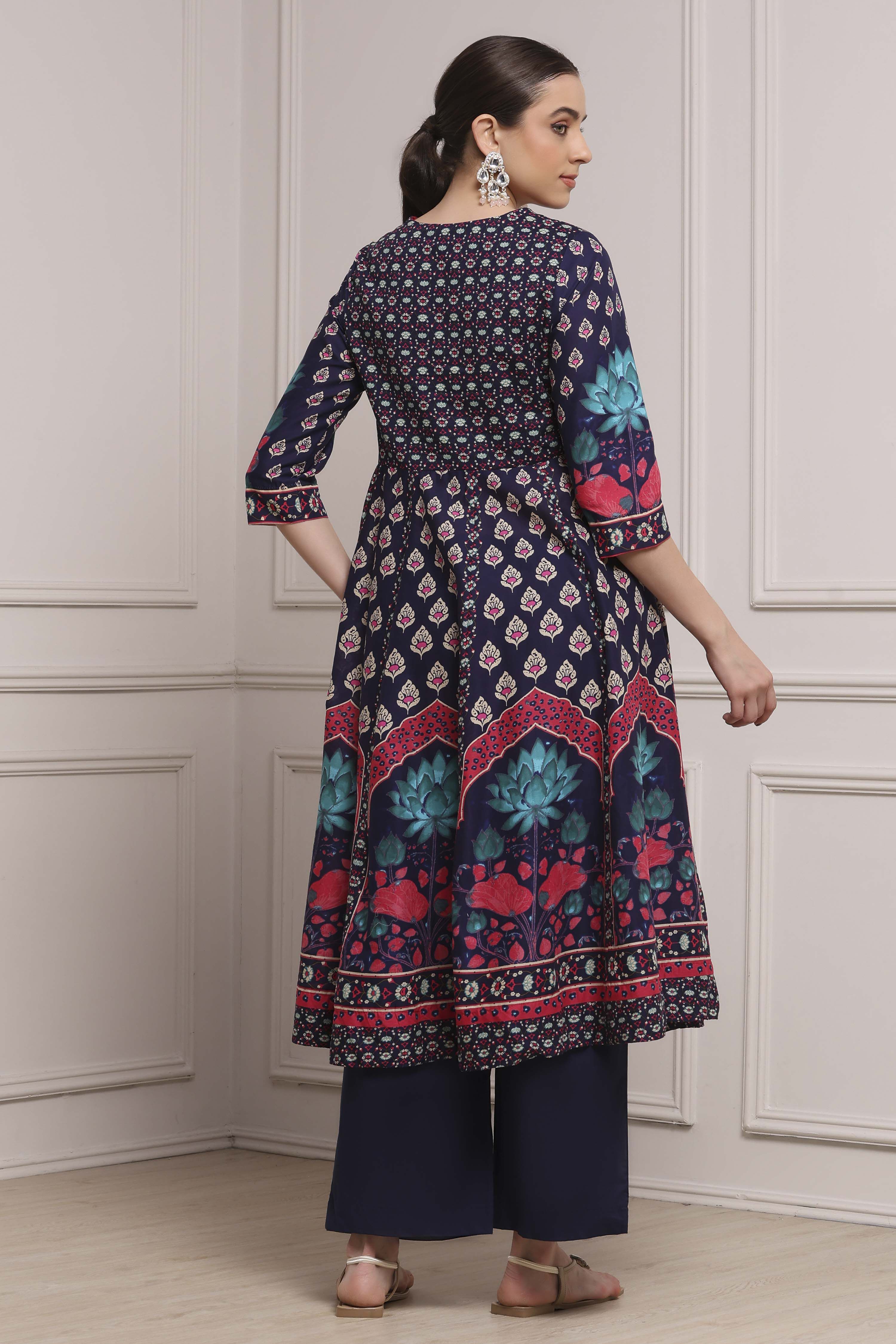 Navy Blue Cotton Printed Anarkali Suit Set image number 4