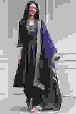 Blue Chanderi Solid Gathered Suit Set image number 6