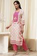 Pink Cotton Printed Straight Kurta image number 2