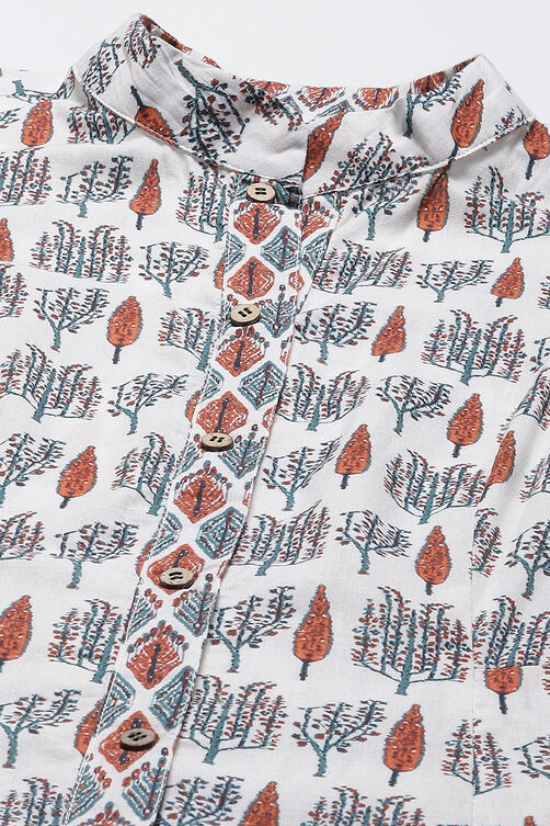 White Printed Cotton A-Line Kurta Slim Pant Suit Set image number 1