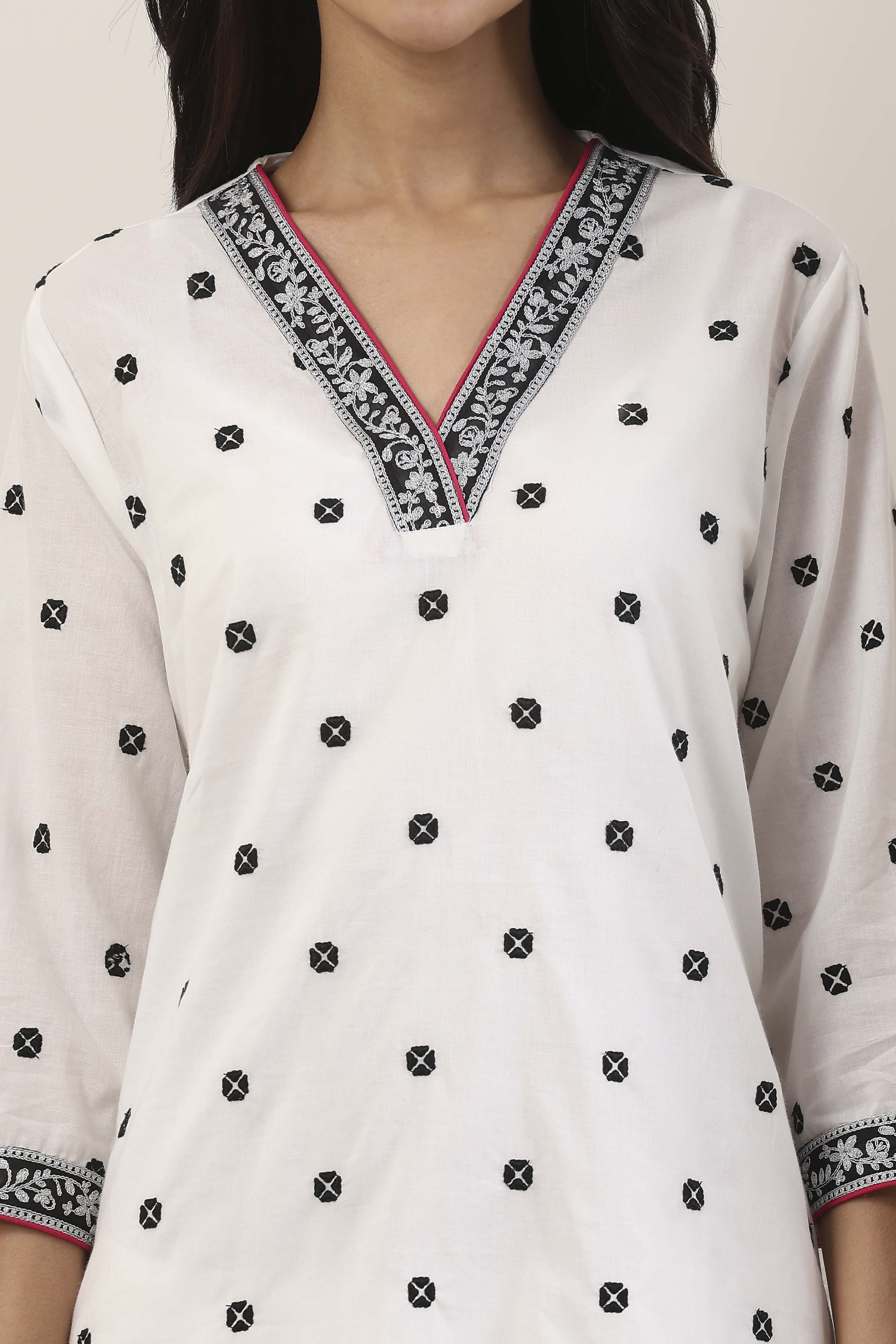 White & Black Cotton Floral Embroidered Straight Suit Set image number 1