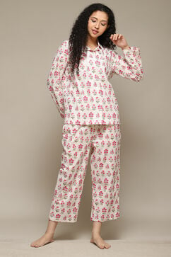 Off White & Pink Cotton Printed 2 Piece Sleepwear Set image number 0