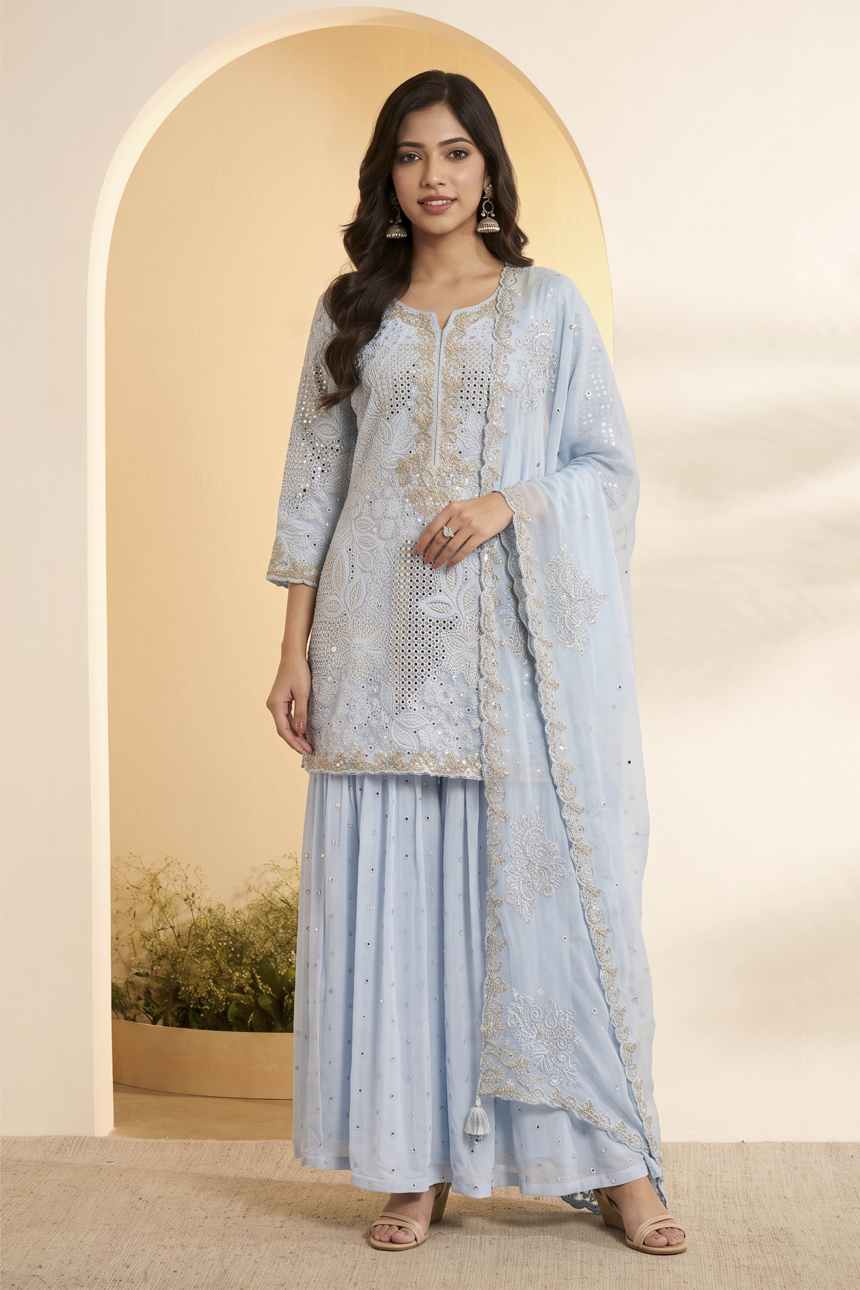 Powder Blue Butterfly Net Embroidered Sharara Suit Set image number 5