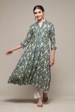 Bottle Green LIVA A-Line Printed Dress image number 1