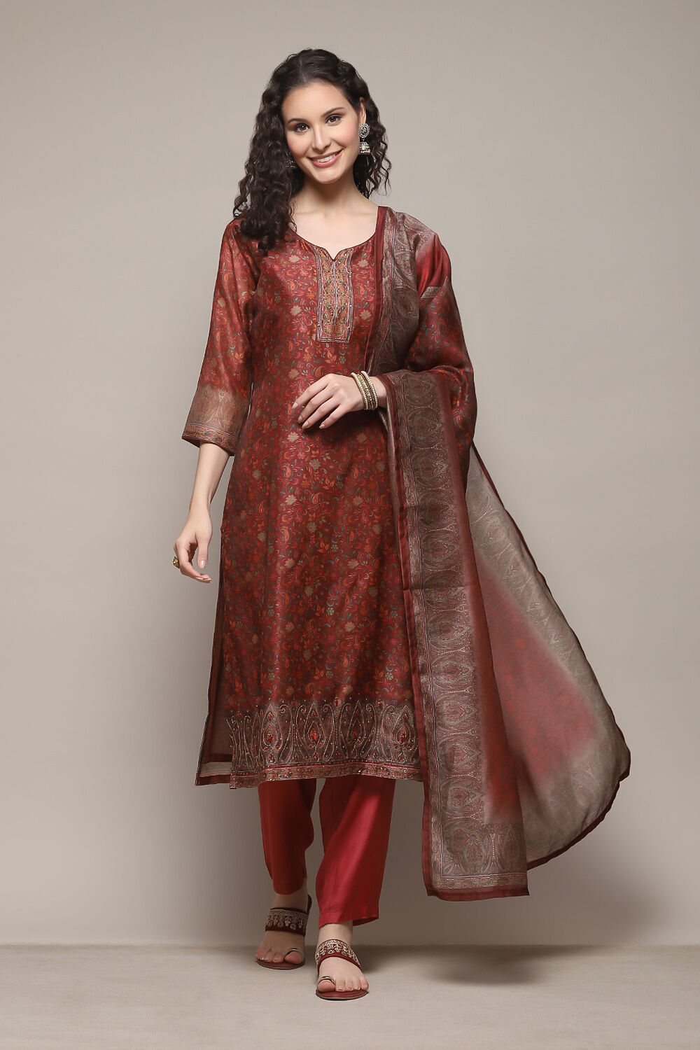 Maroon Chanderi Unstitched Suit Set at Biba India