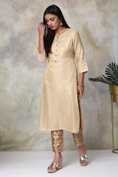 Beige Metallic Cotton Straight Kurta Pant Suit Set image number 3