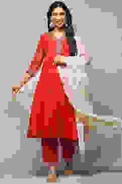 Red Polyester Kalidar Suit Set image number 0