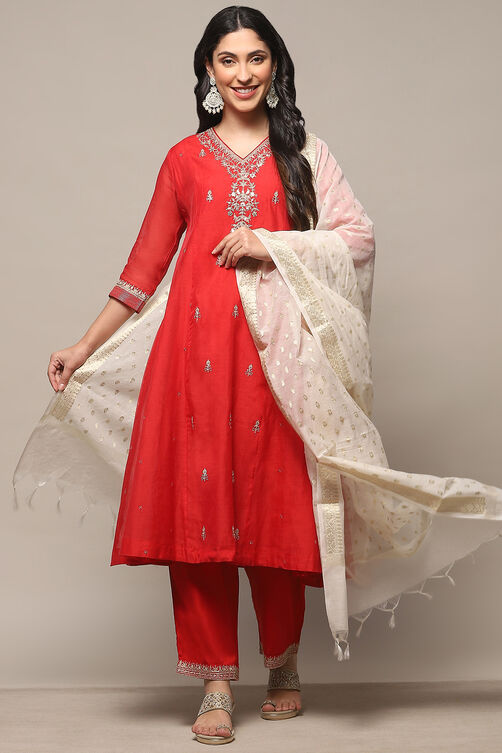 Red Polyester Kalidar Suit Set image number 0