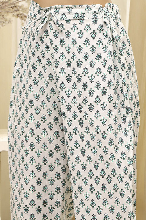 Lime Green and White Cotton Screen Print Unstitched Suit Set image number 3