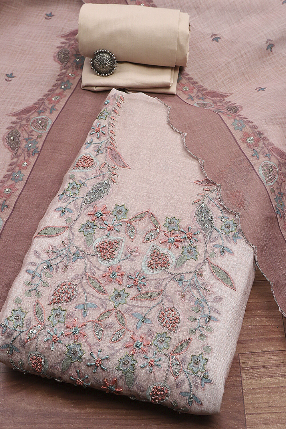 Peach Linen Blend Hand Embroidered Unstitched Suit Set image number 0