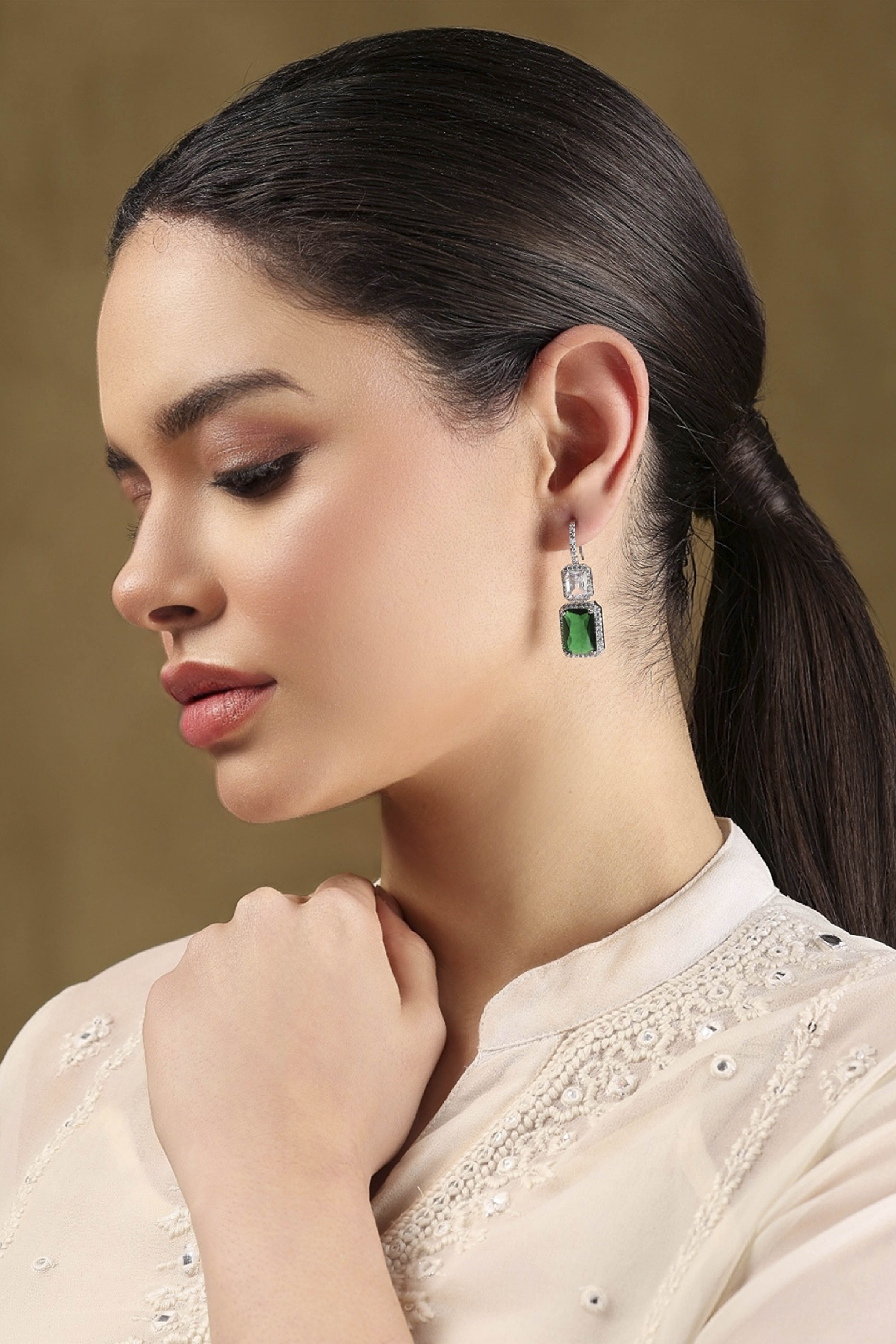 Green Silver Plated Stone Studded Drop Earrings image number 3