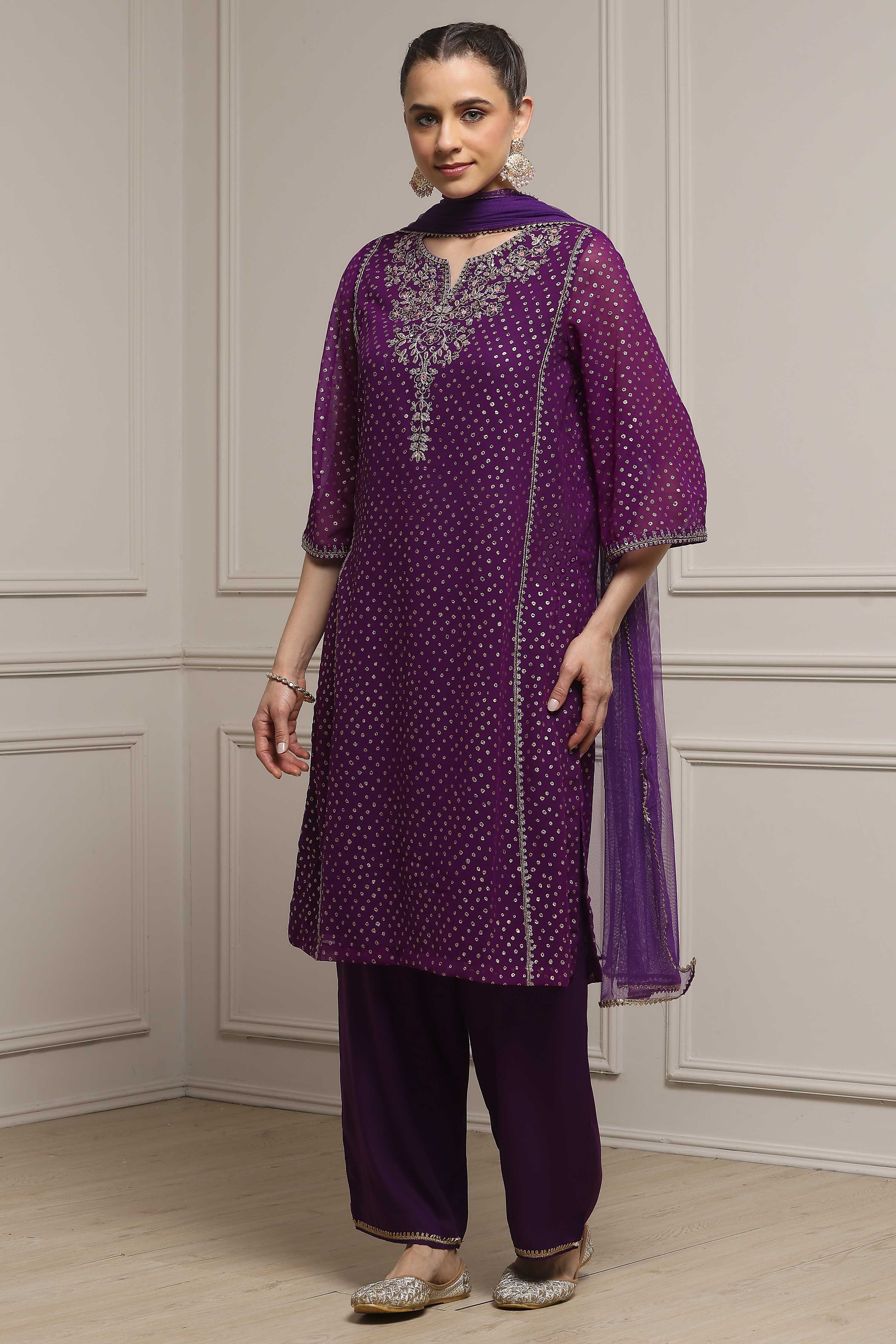 Purple Poly Georgette Printed Straight Suit Set image number 3