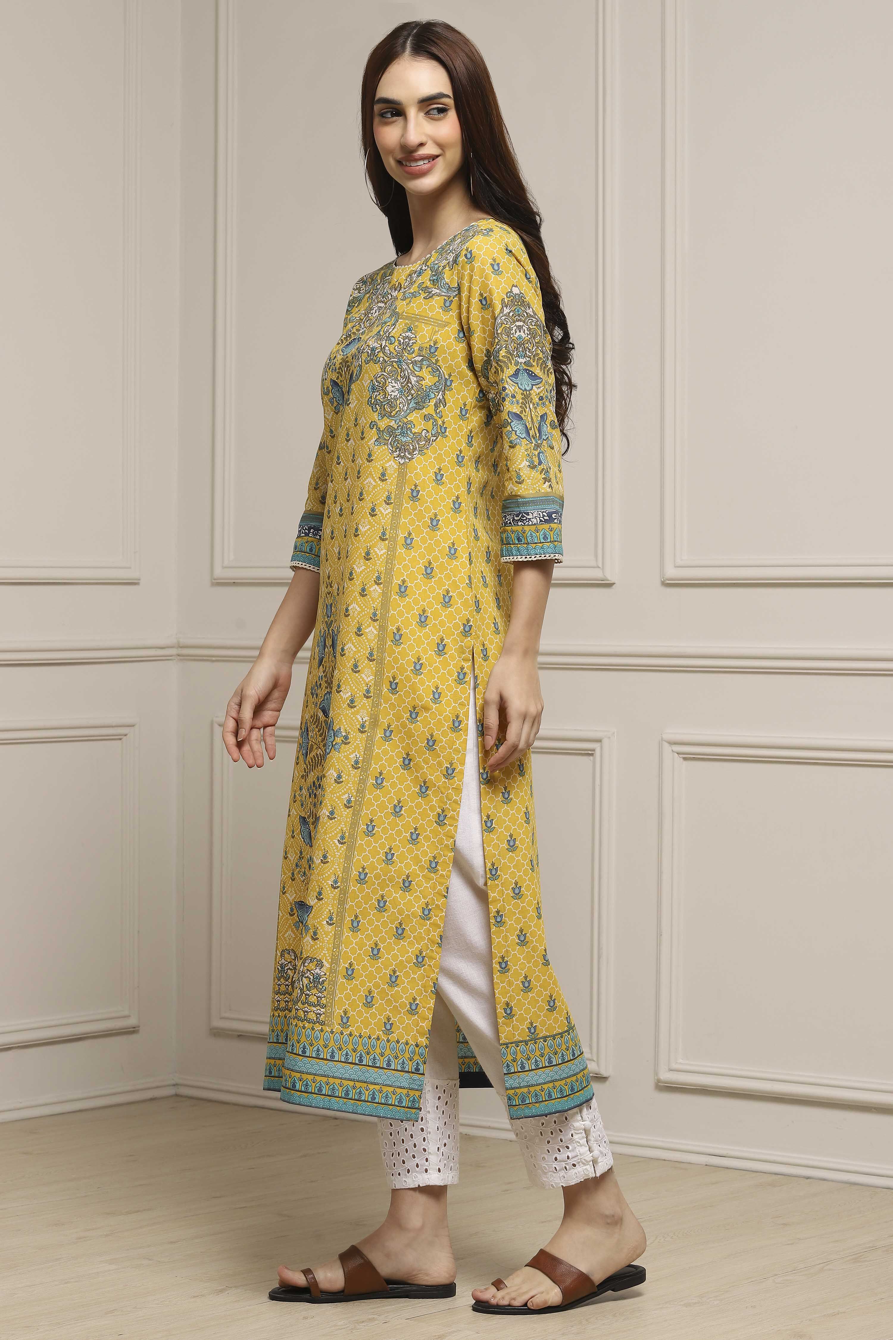 Yellow Cotton Printed Straight Kurta image number 2