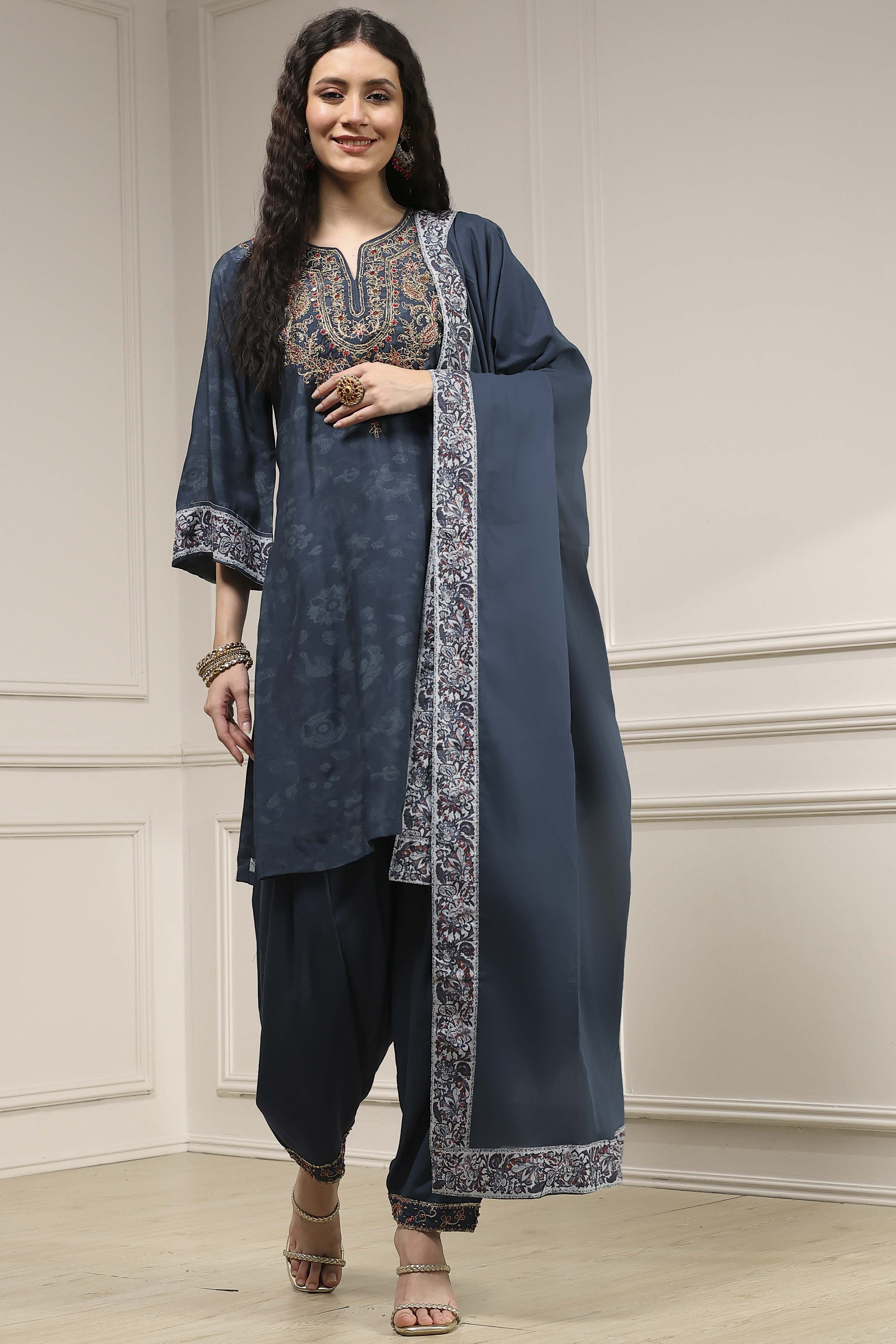 Teal Blue Printed Straight Suit Set image number 6