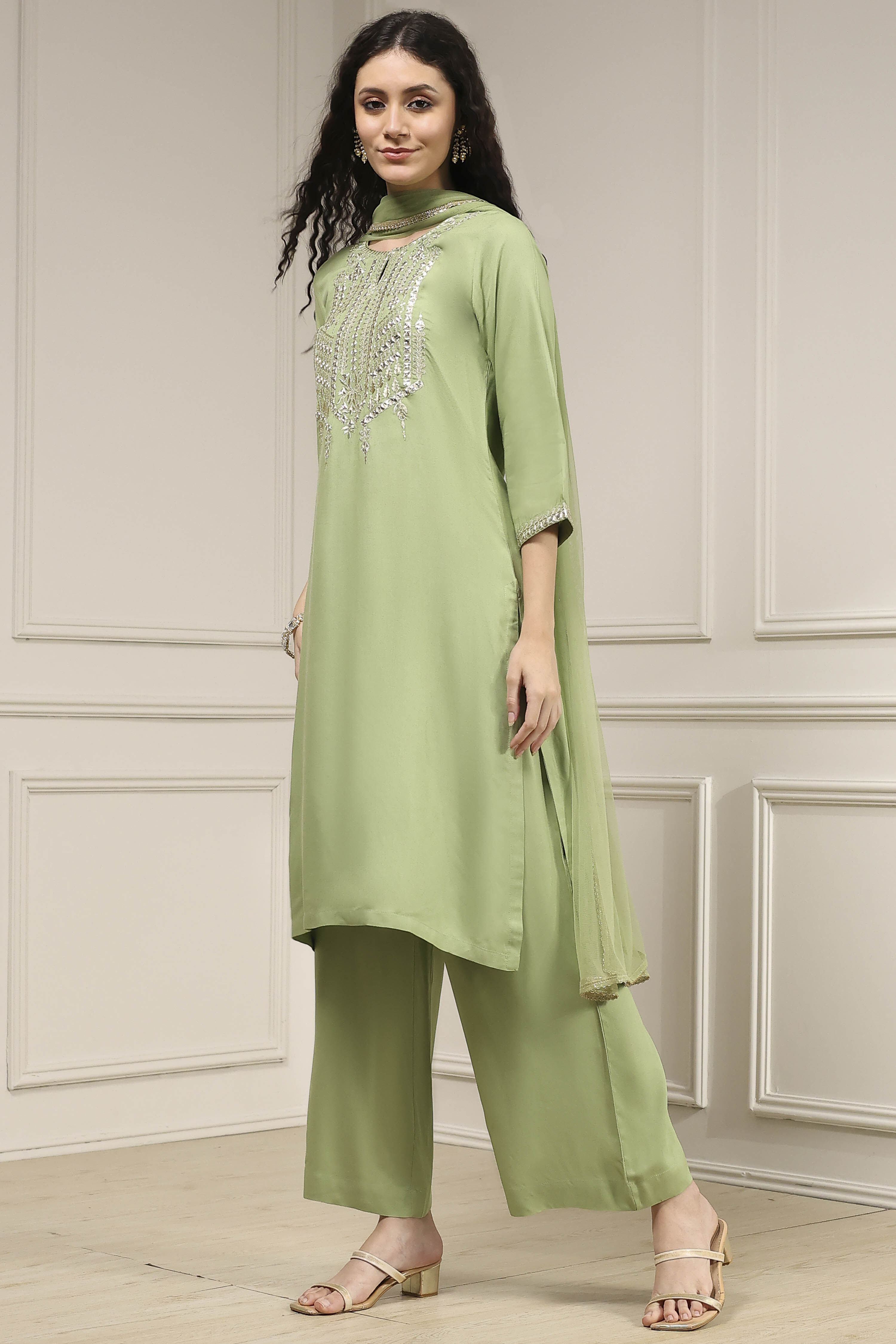 Sage Green Solid Straight Suit Set image number 3