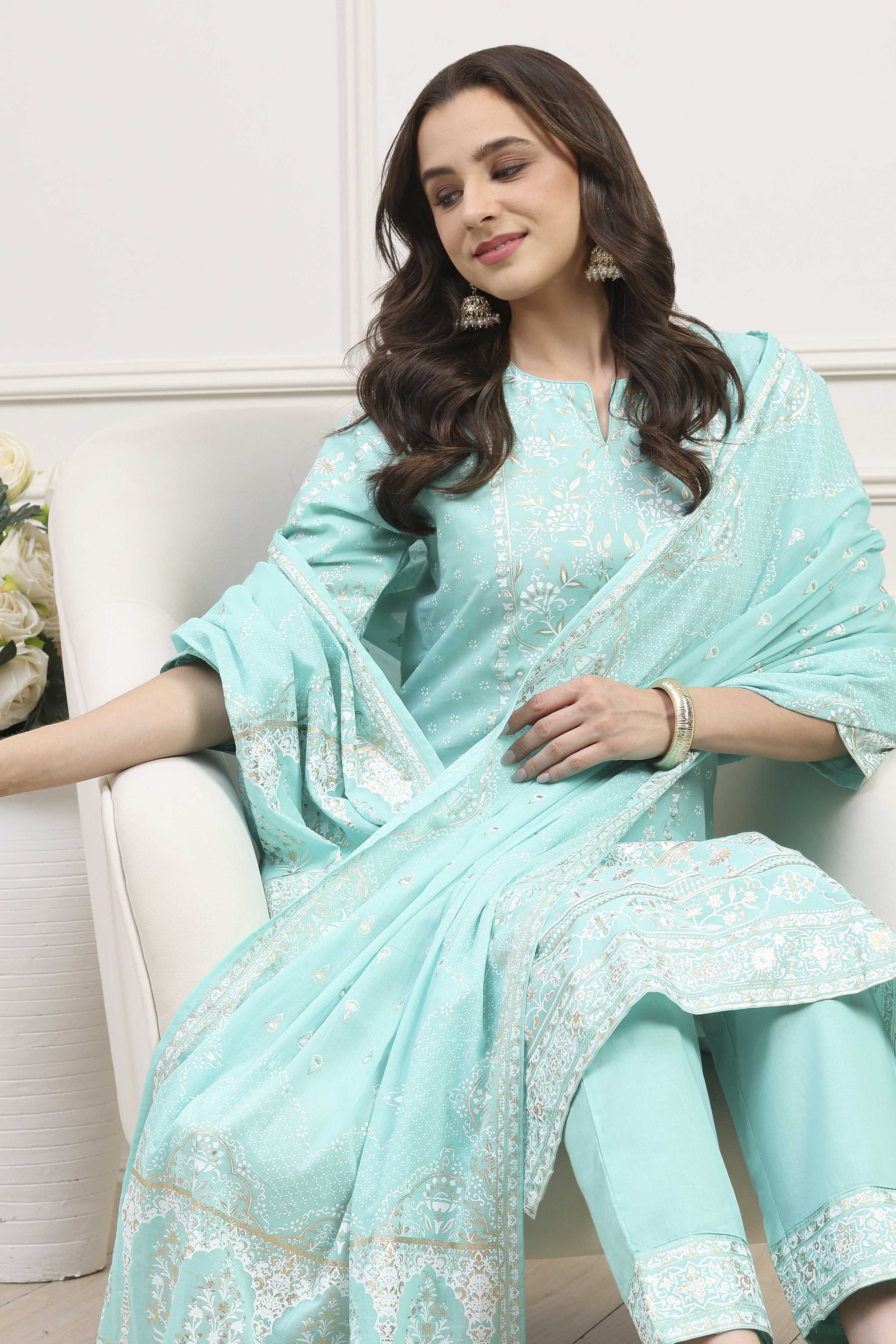 Sea Green Cotton Straight Kurta Pants Suit Set image number 7