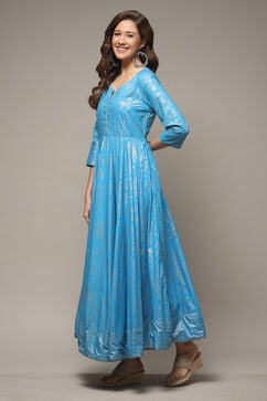 Turquoise Cotton Straight Printed Dress image number 3