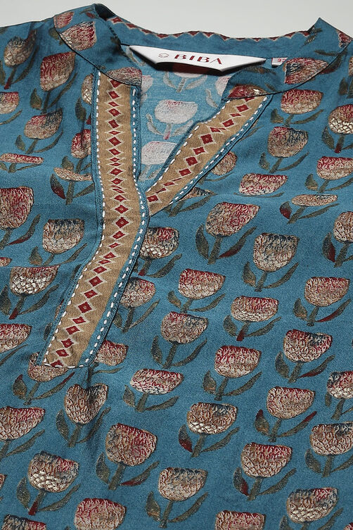 Teal Viscose Straight Printed Kurta image number 5