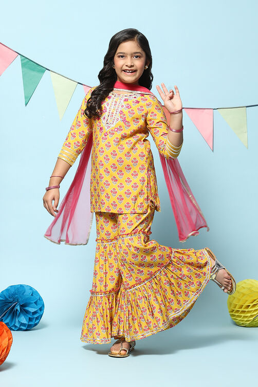 Yellow Poly Viscose Straight Printed Suit Set image number 7