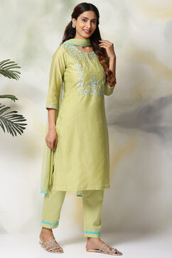 Sage Green Art Silk A-Line Kurta Regular Pant Suit Set image number 5