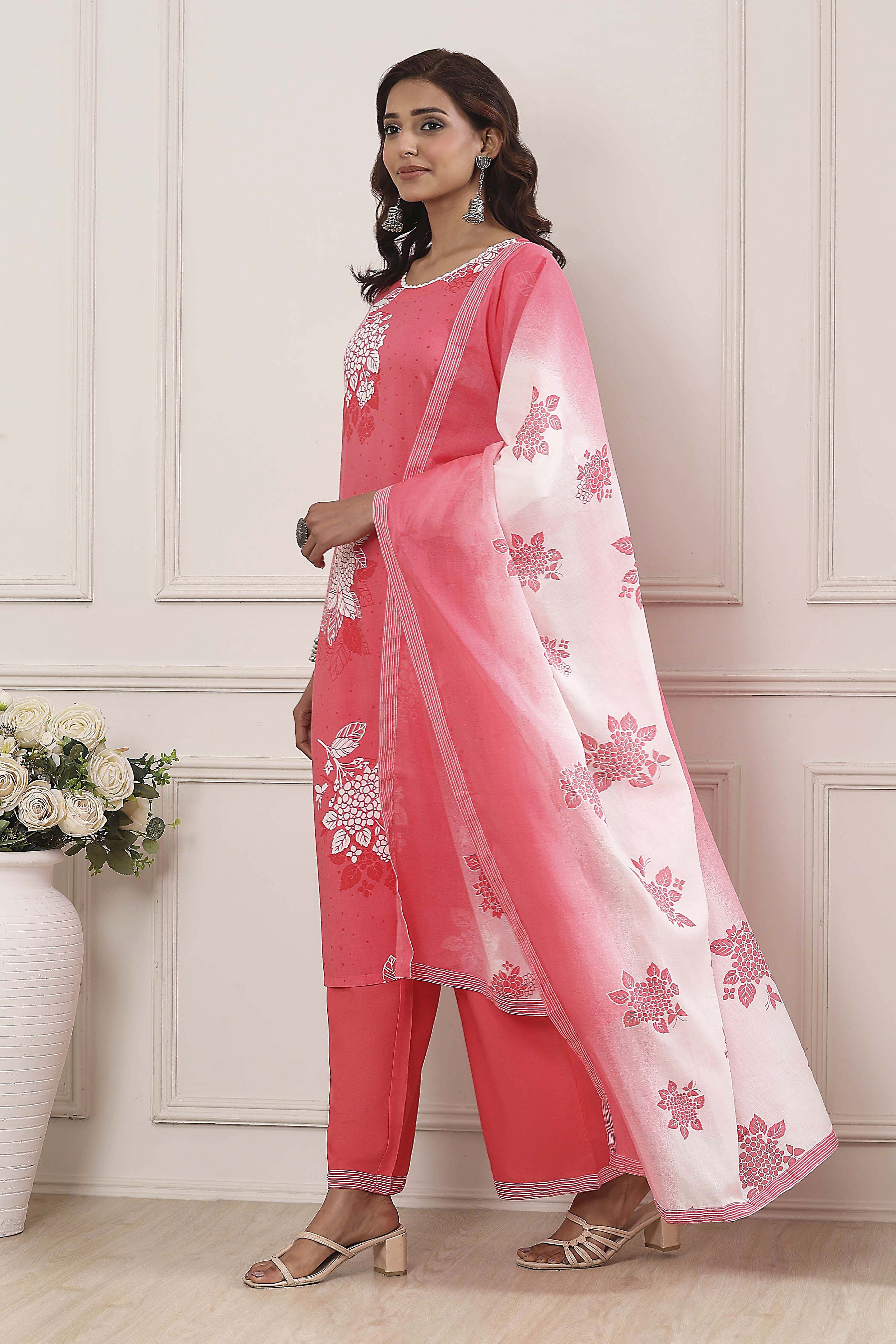 Coral Floral Printed Straight Suit Set image number 3