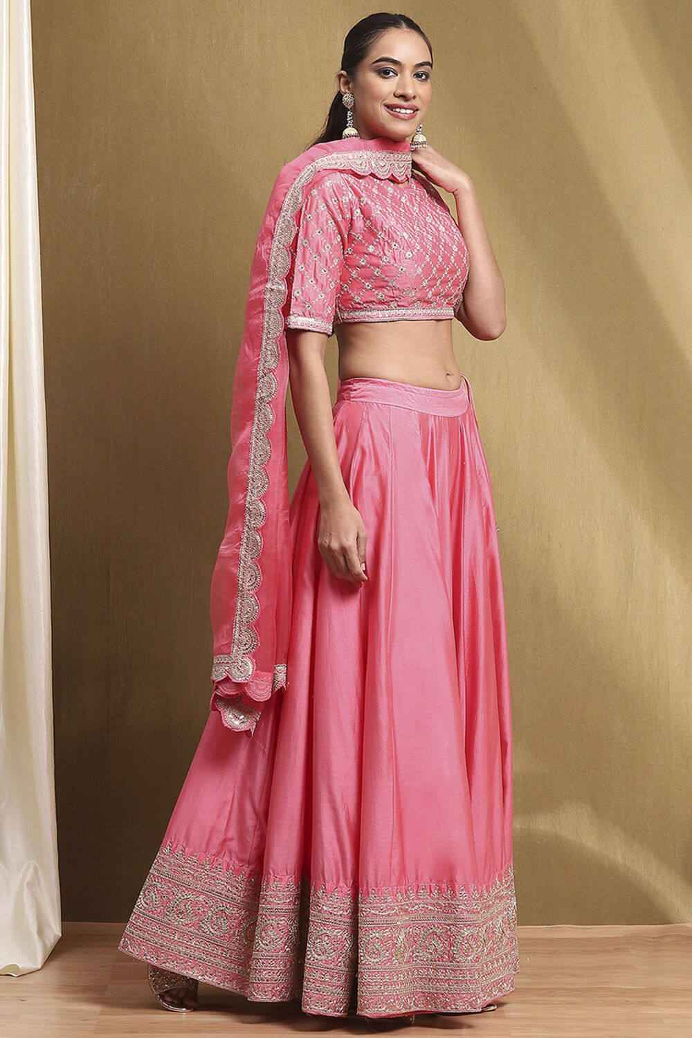 Coral Cotton Blend Embroidered Lehenga Set image number 5