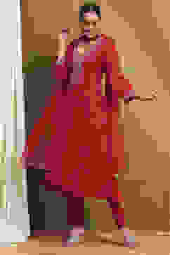 Red Embroidered Festive Kalidar Suit Set image number 0