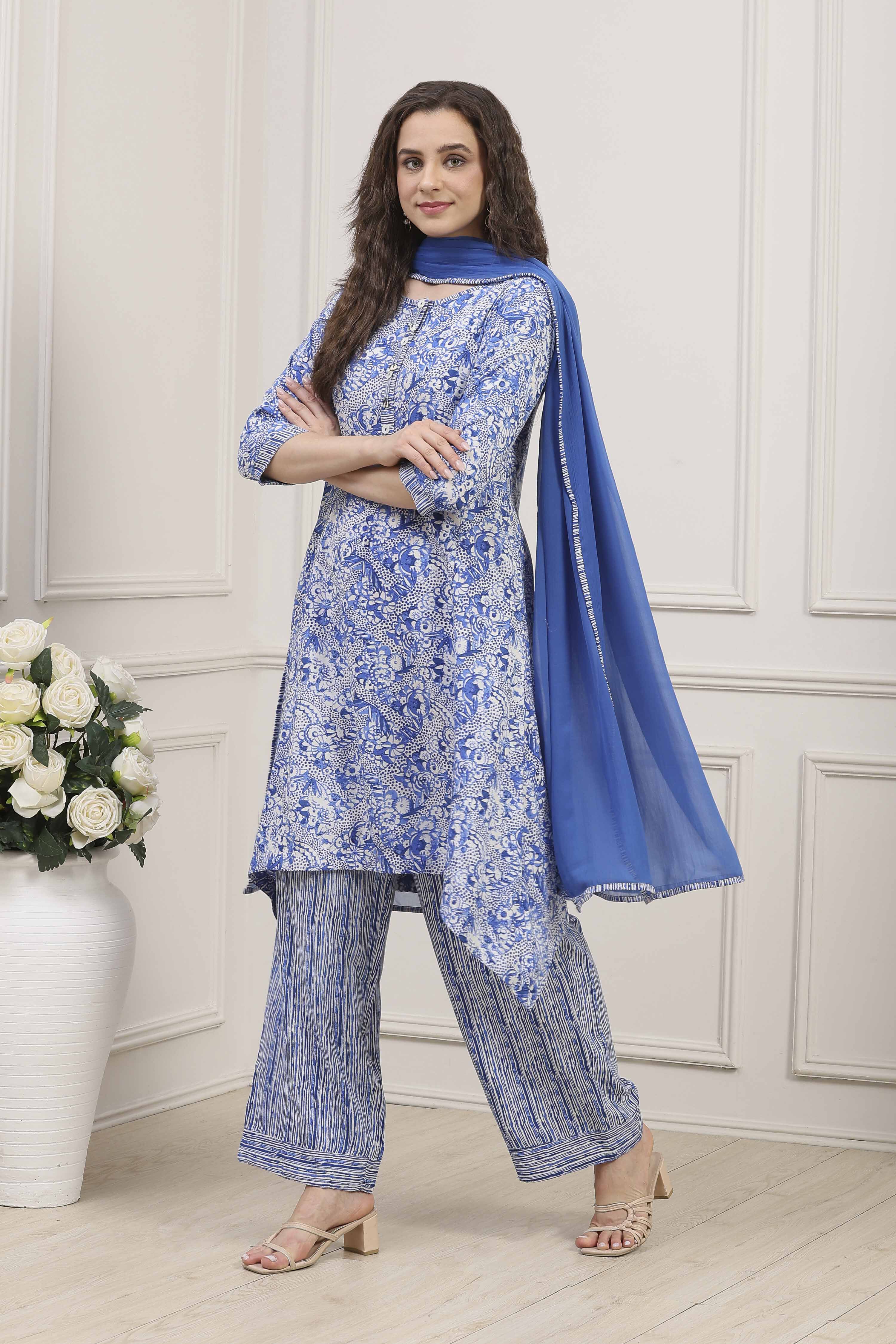 Blue Rayon Printed Straight Suit Set image number 3