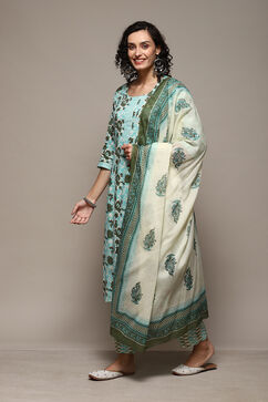 Green Cotton Printed Unstitched Suit Set image number 6