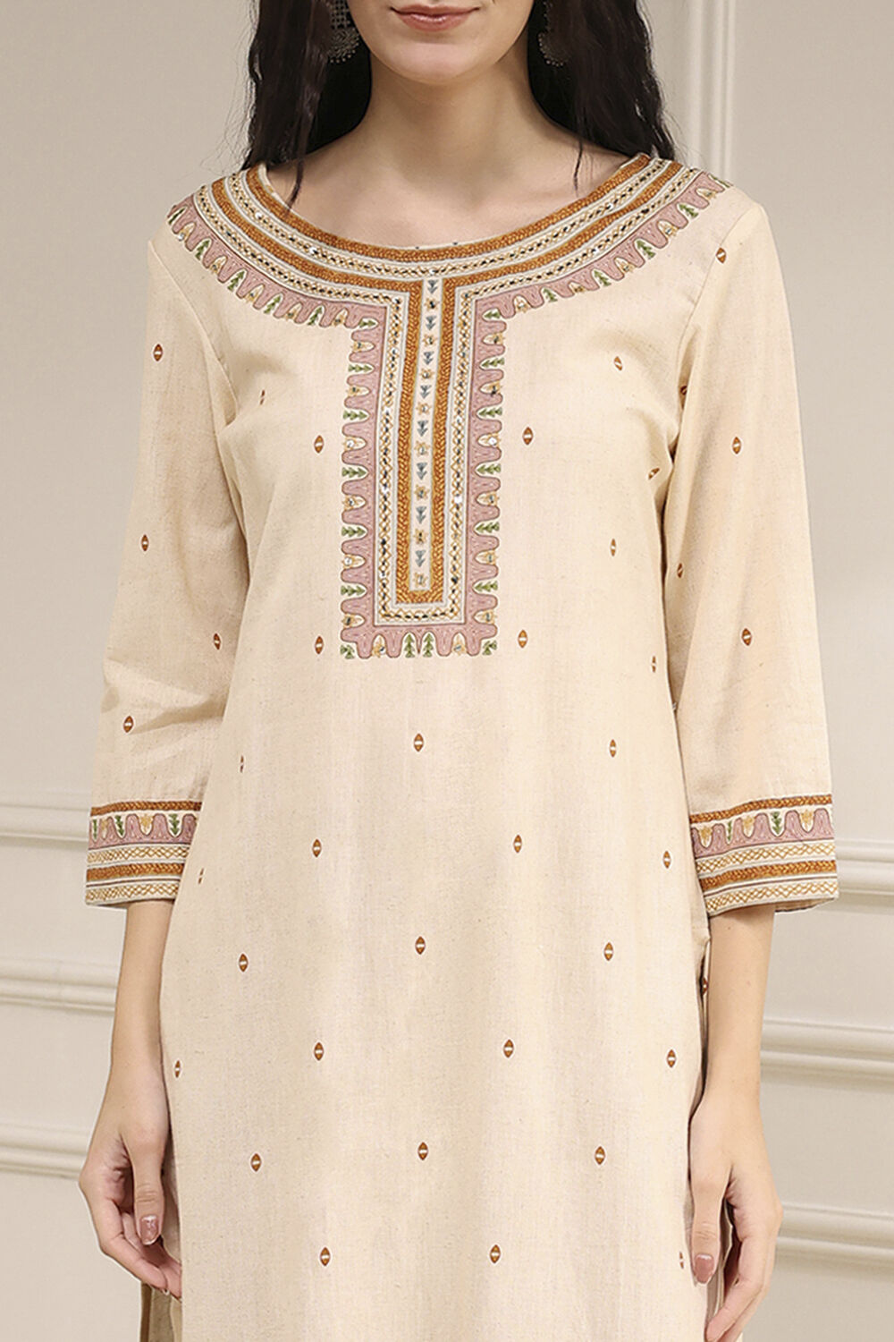 White Cotton Hand Block Print Unstitched Suit Set image number 2