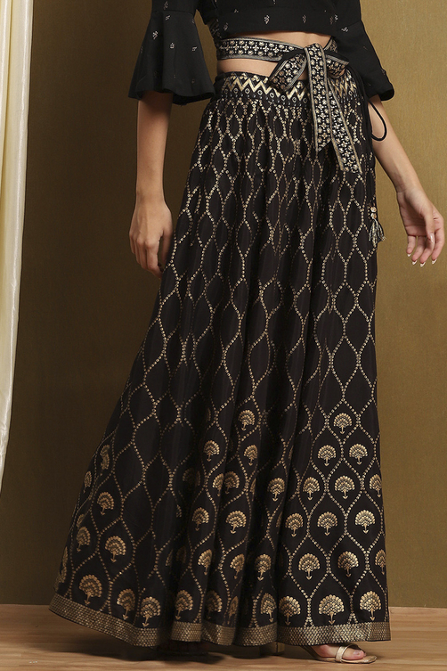 Black Shantoon Block Printed Festive Skirt image number 3