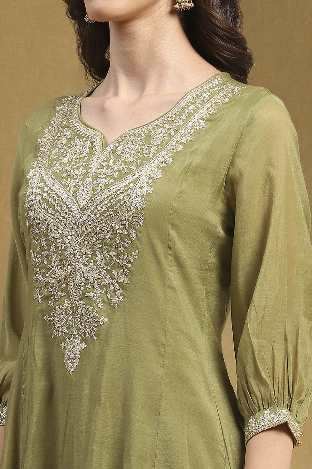 Green Embroidered Festive Kalidar Suit Set image number 1