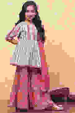 Aqua and Coral Cotton Printed Gathered Suit Set image number 5