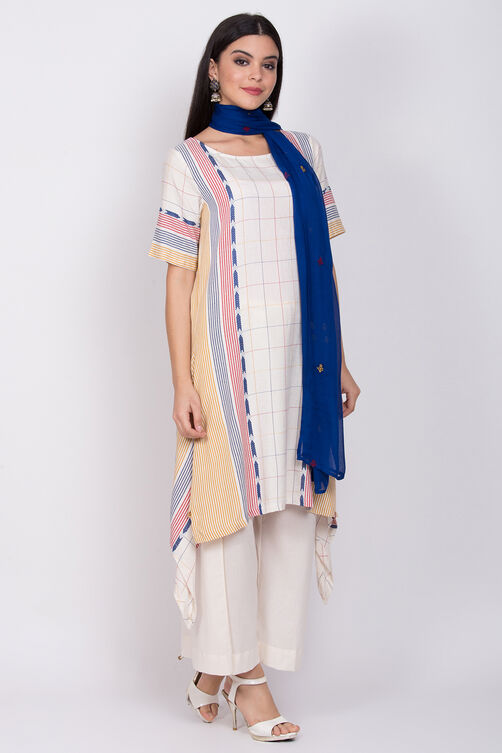 Off White Cotton A-Line Kurta Flared Palazzo Suit Set image number 3