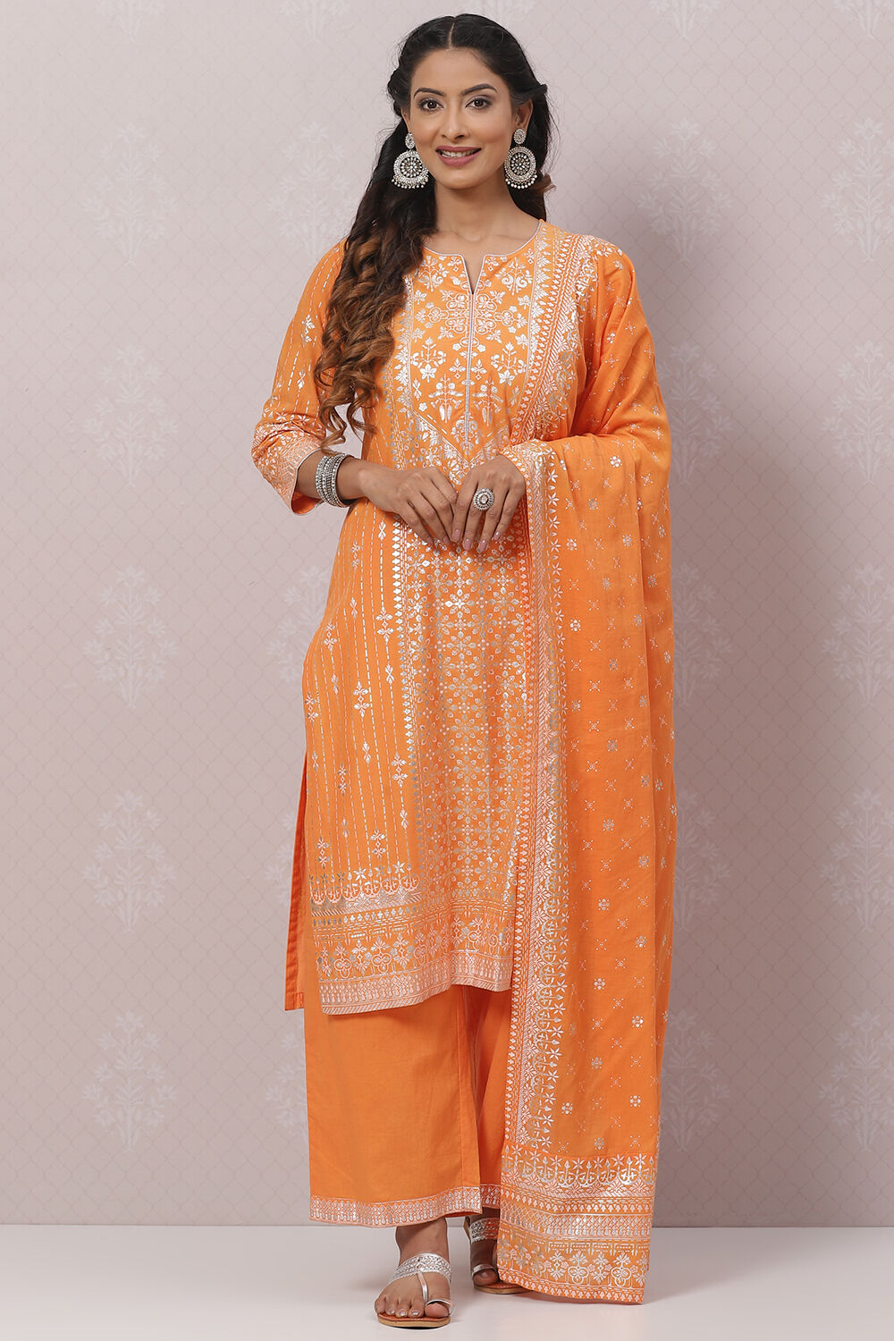 Orange Cotton Straight Kurta Palazzo Suit Set image number 0